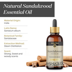 Avatra Sandalwood oil in amber bottle protects freshness and light exposure.