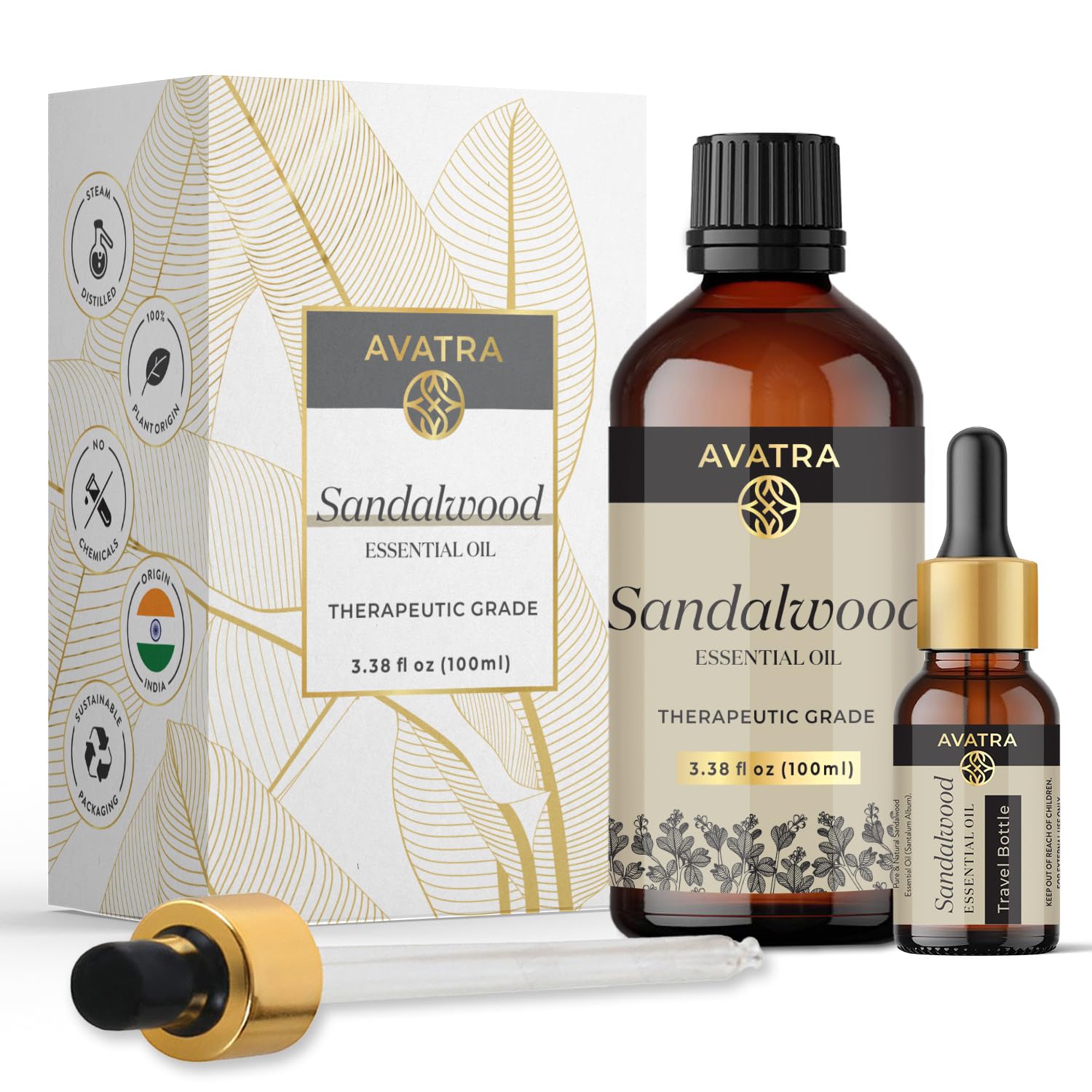 Avatra Sandalwood oil bottle with pour spout for easy aroma diffusion.
