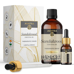 Avatra Sandalwood oil bottle with pour spout for easy aroma diffusion.
