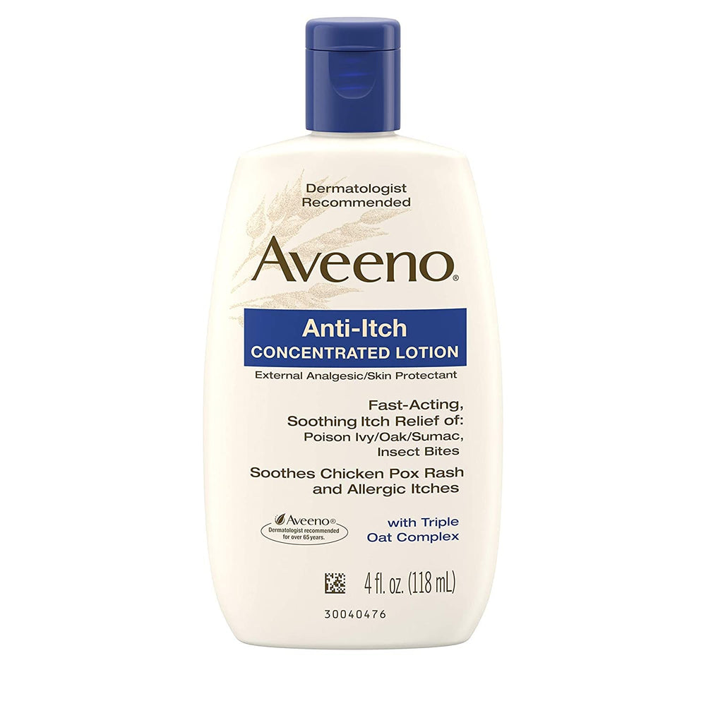 Aveeno Anti-Itch Lotion bottle front shows calamine for soothing, itch relief.