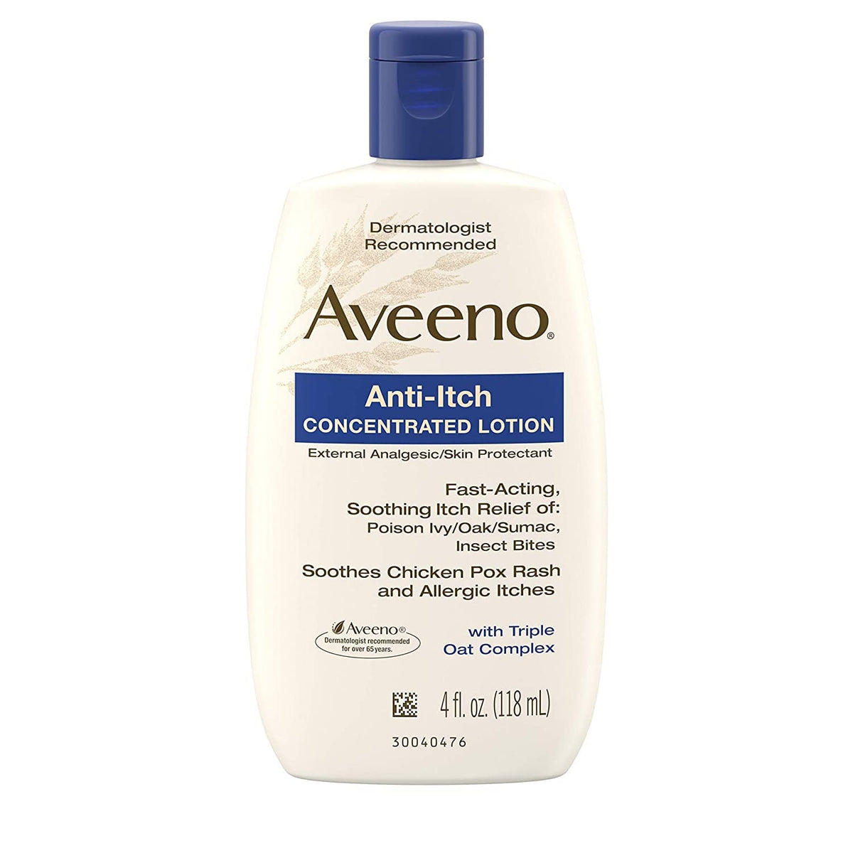 Aveeno Anti-Itch Lotion bottle front shows calamine for soothing, itch relief.