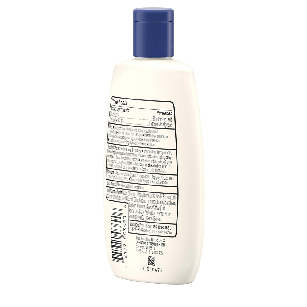 Aveeno bottle close-up emphasizing calamine as a skin protectant