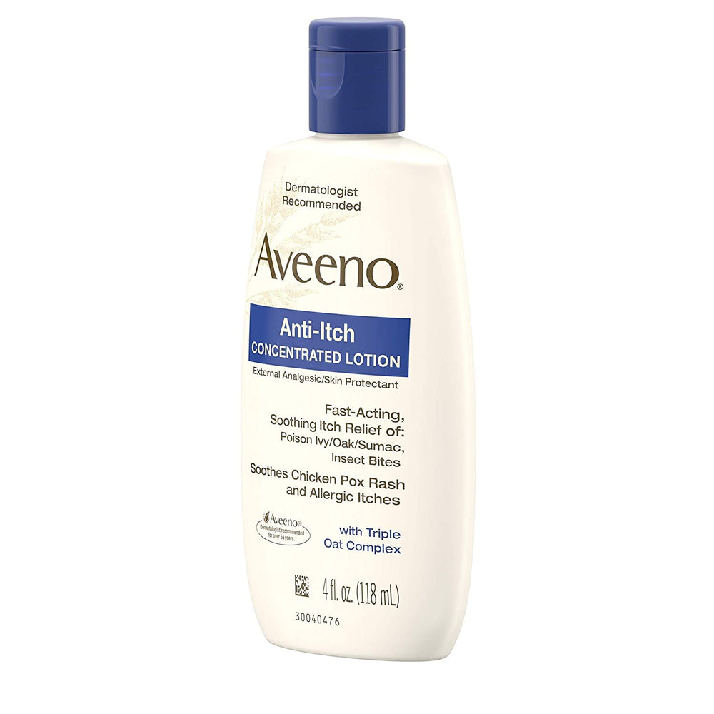 Aveeno calamine lotion pump-top close-up conveys easy-to-use on-the-go relief.