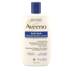 Aveeno loción antipicor con calamina para alivio de irritaciones cutáneas.