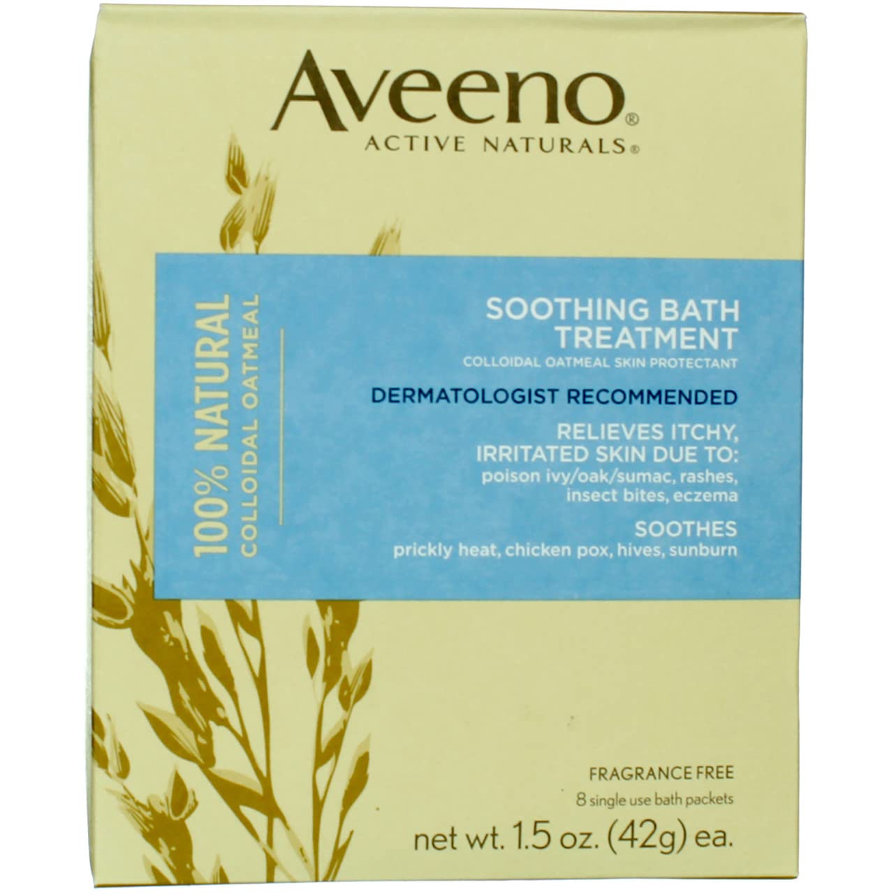 Aveeno Soothing Bath Treatment packets close up highlighting colloidal oatmeal soothing itch