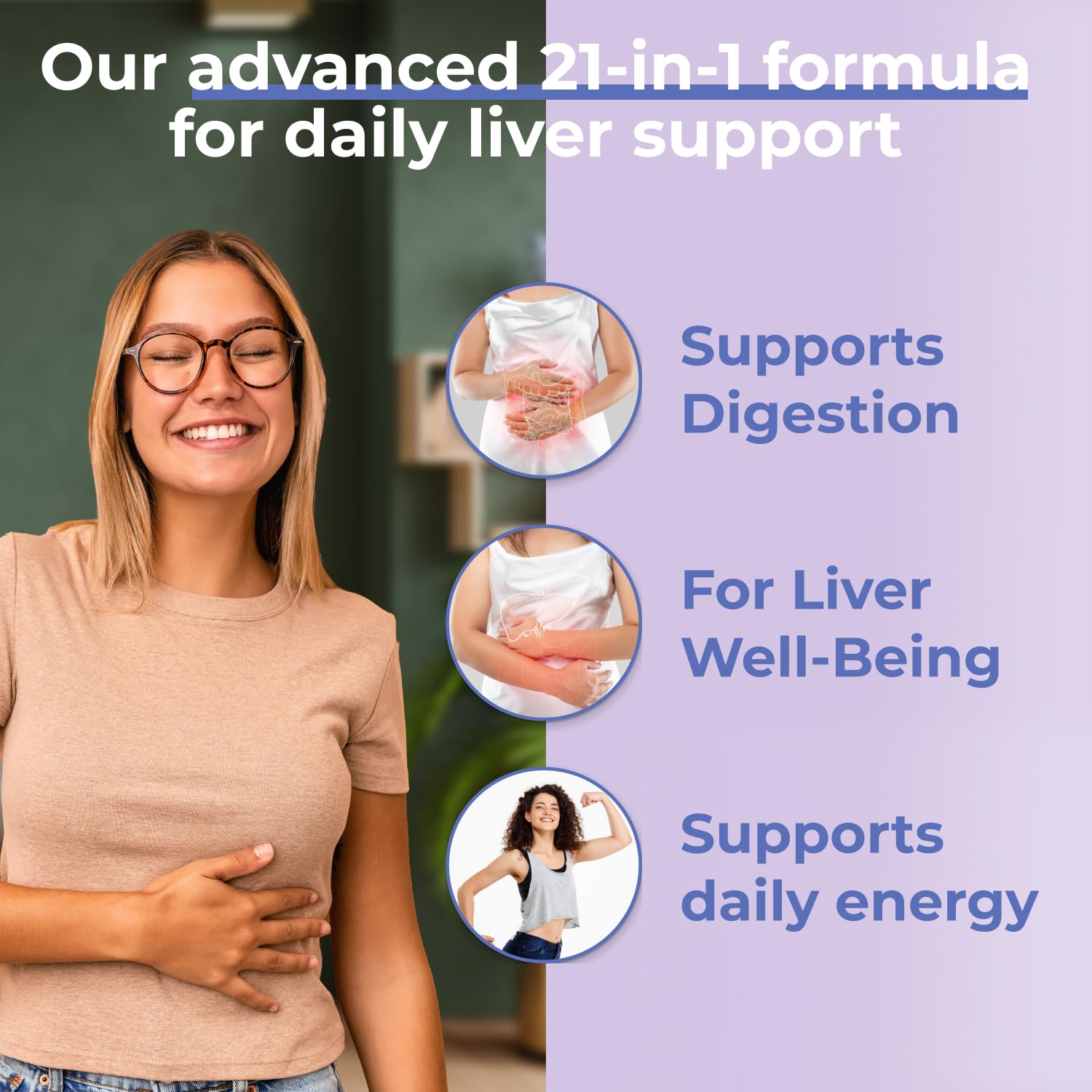 Back label of Avenir Nutrition Liver Shield & Cleanse detailing the 21-in-1 blend