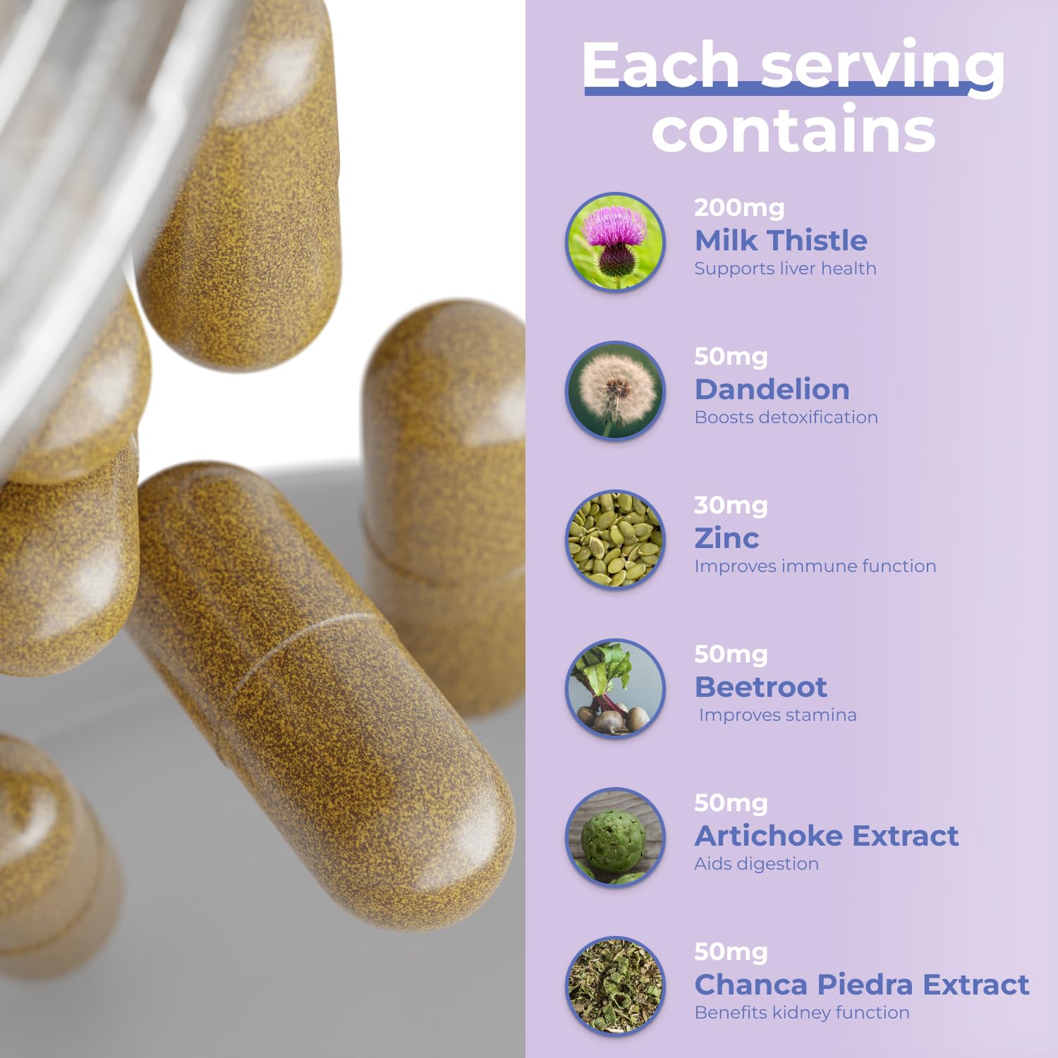 Avenir Nutrition Liver Shield & Cleanse capsules poured to illustrate daily intake for liver and digestion support