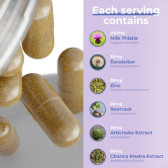 Avenir Nutrition Liver Shield & Cleanse capsules poured to illustrate daily intake for liver and digestion support