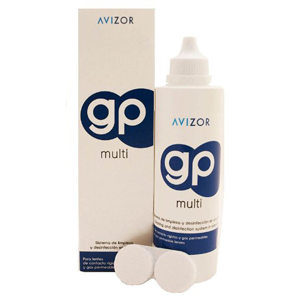 Avizor GP Multi bottle close-up for cleaning and storing rigid and gas-permeable lenses.
