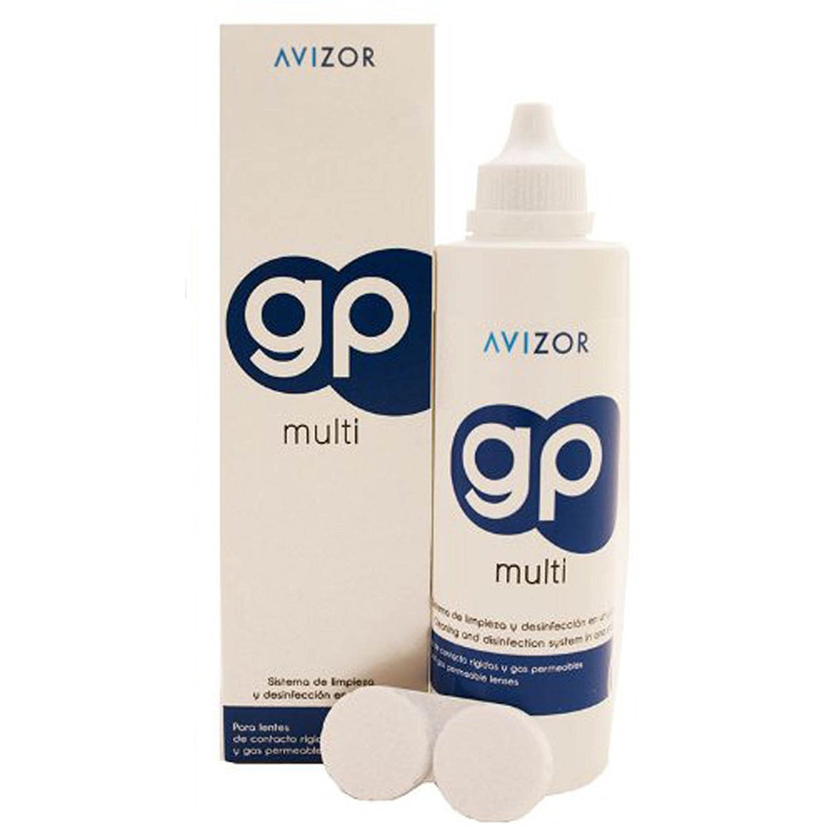 Avizor GP Multi bottle close-up for cleaning and storing rigid and gas-permeable lenses.