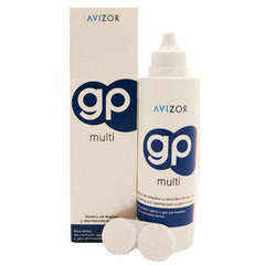Avizor GP Multi bottle close-up for cleaning and storing rigid and gas-permeable lenses.