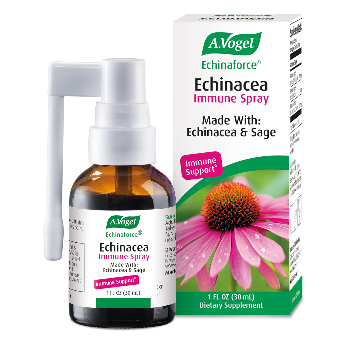 A.Vogel Echinaforce throat spray bottle front for convenient on-the-go immune support.