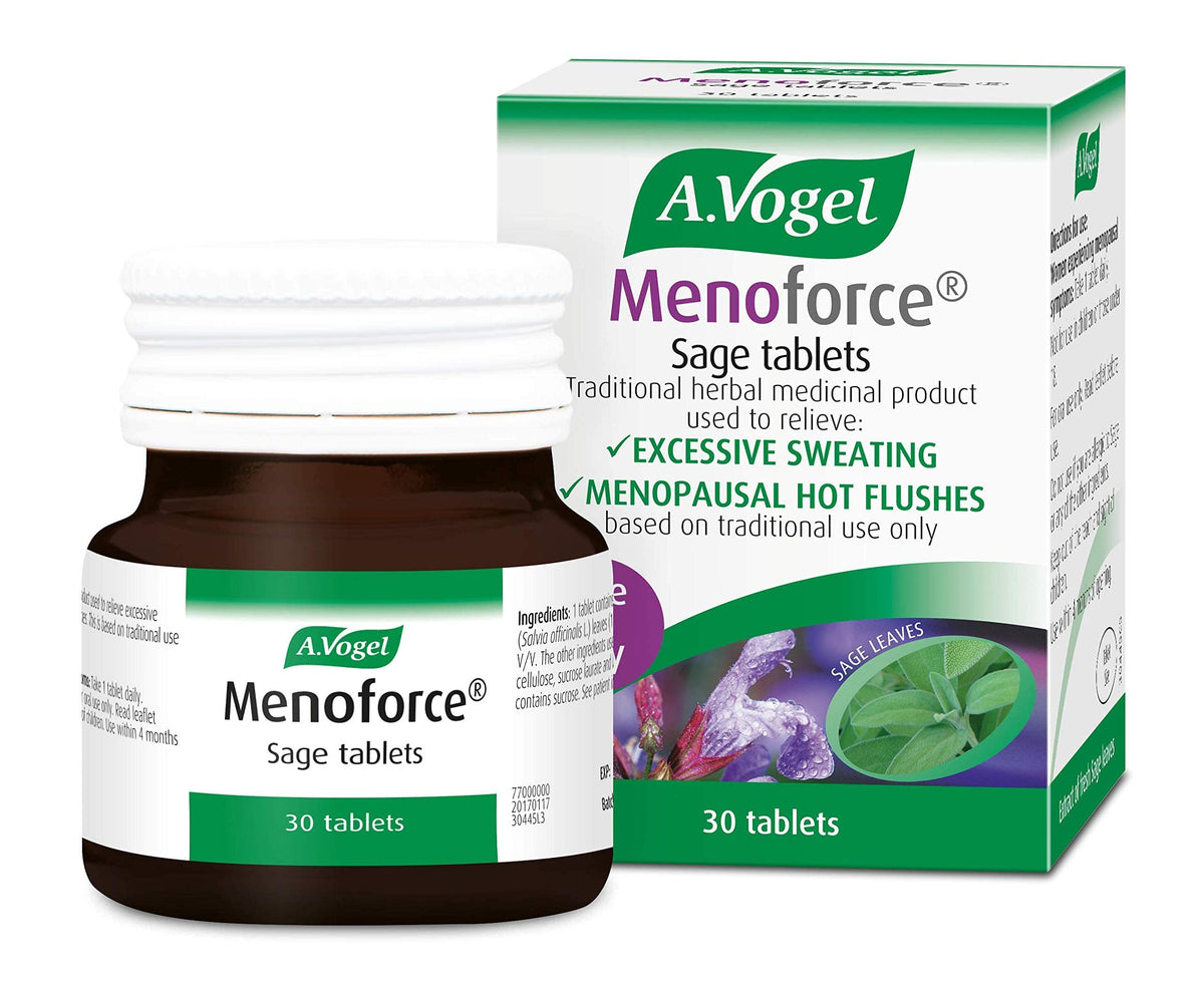 A.Vogel Menoforce Sage Tablets pack shot highlighting traditional herbal support for hot flashes