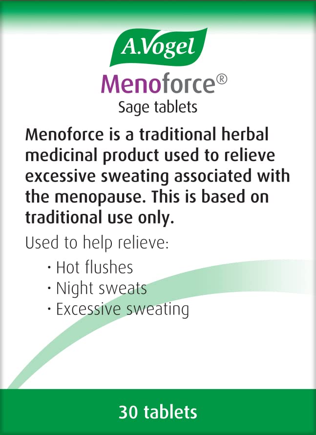 A.Vogel Menoforce Sage Tablets packaging with tablet view emphasizing traditional herbal relief option
