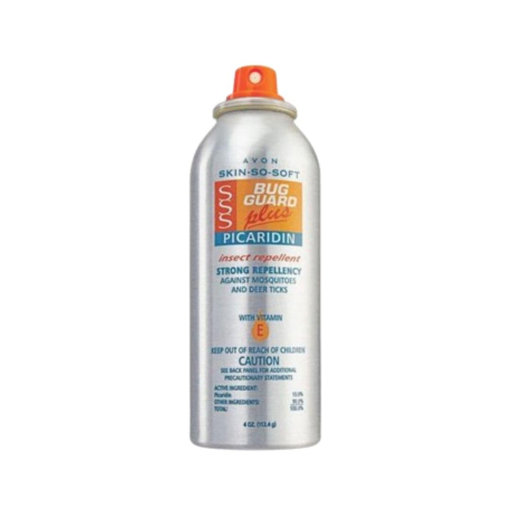 AVON Skin So Soft Bug Guard Picaridin aerosol bottle offers outdoor insect protection.