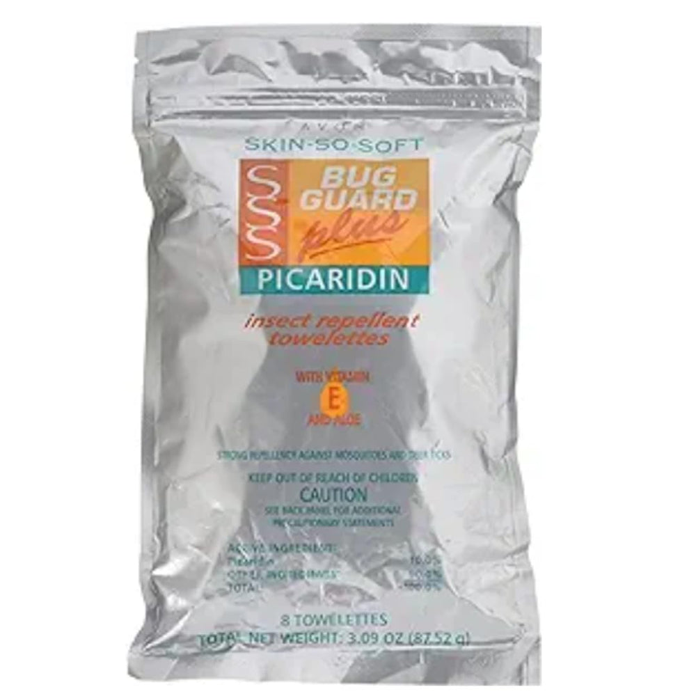 AVON Skin So Soft Bug Guard Towelettes displayed in resealable bag for on-the-go protection.