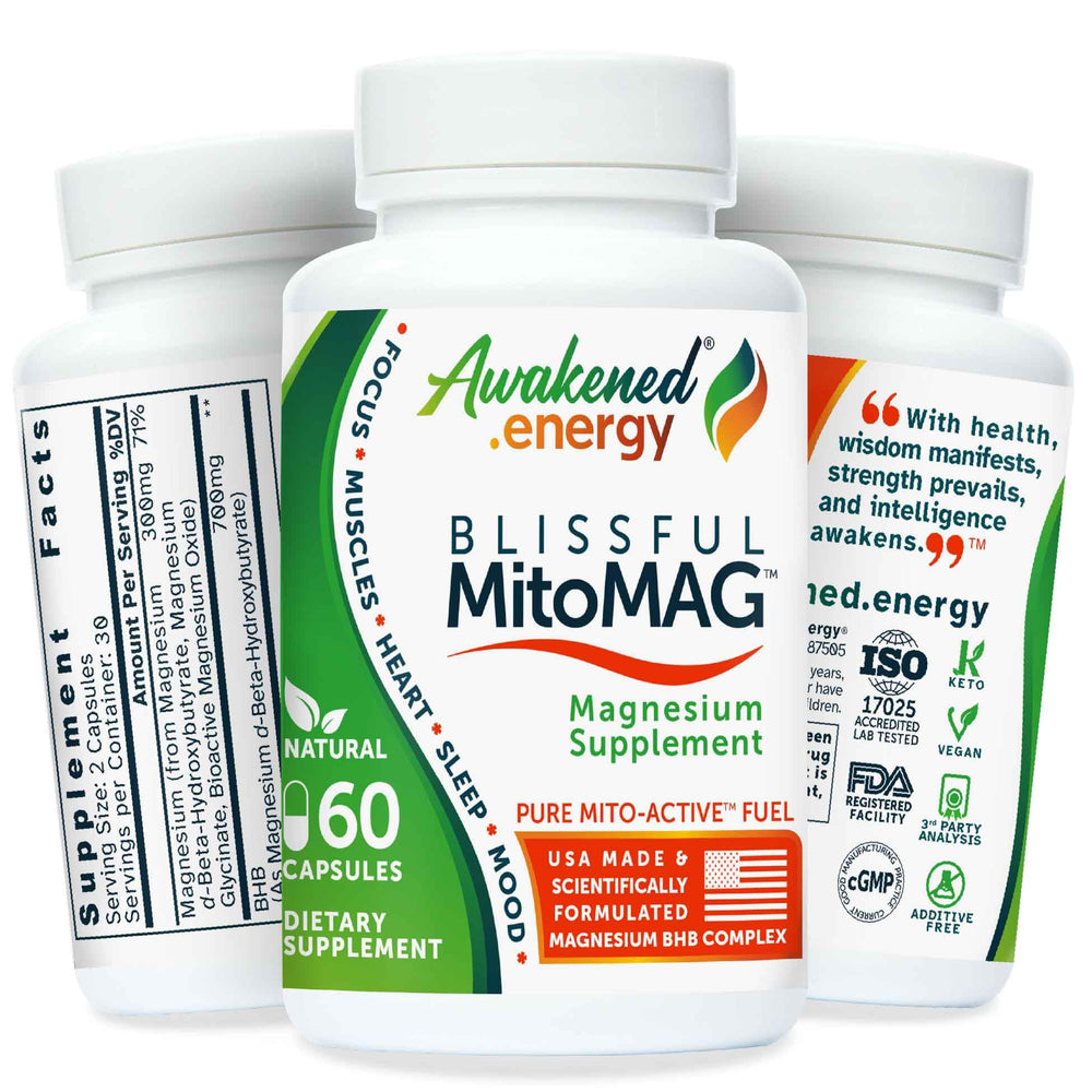 Awakened.energy Blissful MitoMAG bottle with 60 vegan capsules designed for sleep, mood, and energy.