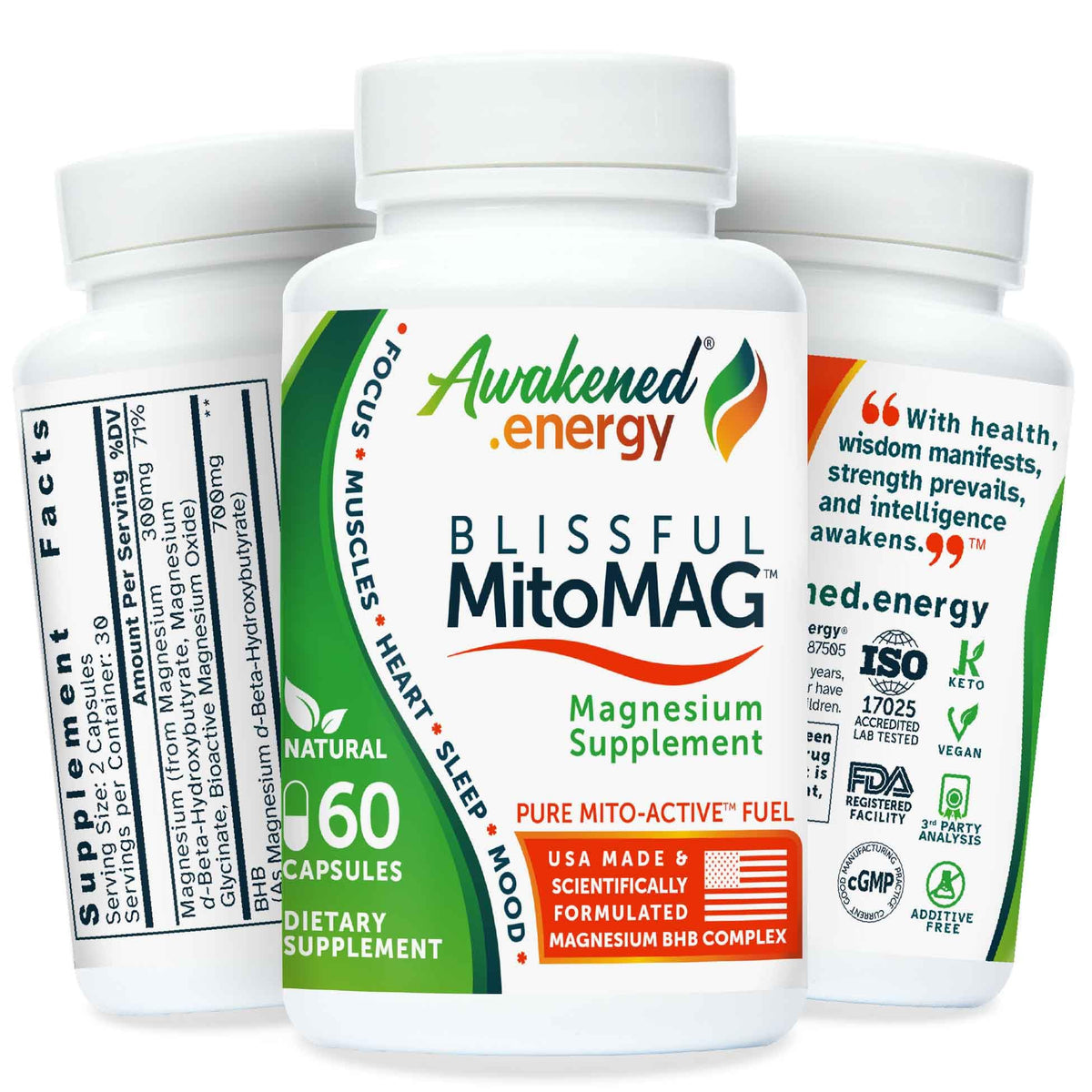 Awakened.energy Blissful MitoMAG bottle with 60 vegan capsules designed for sleep, mood, and energy.