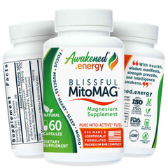 Awakened.energy Blissful MitoMAG bottle with 60 vegan capsules designed for sleep, mood, and energy.