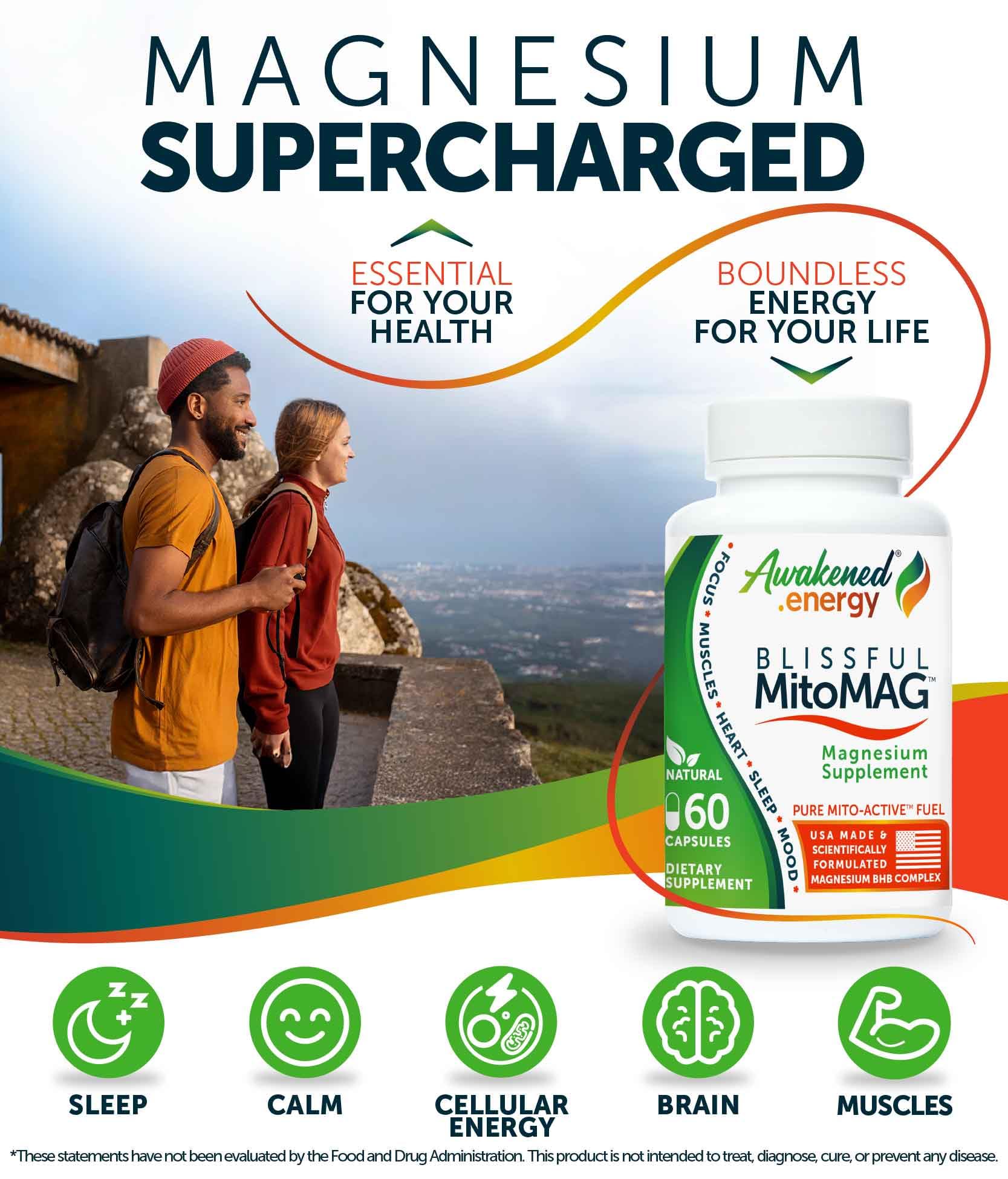 Close-up of Blissful MitoMAG capsules highlighting vegan formula and easy dosing.