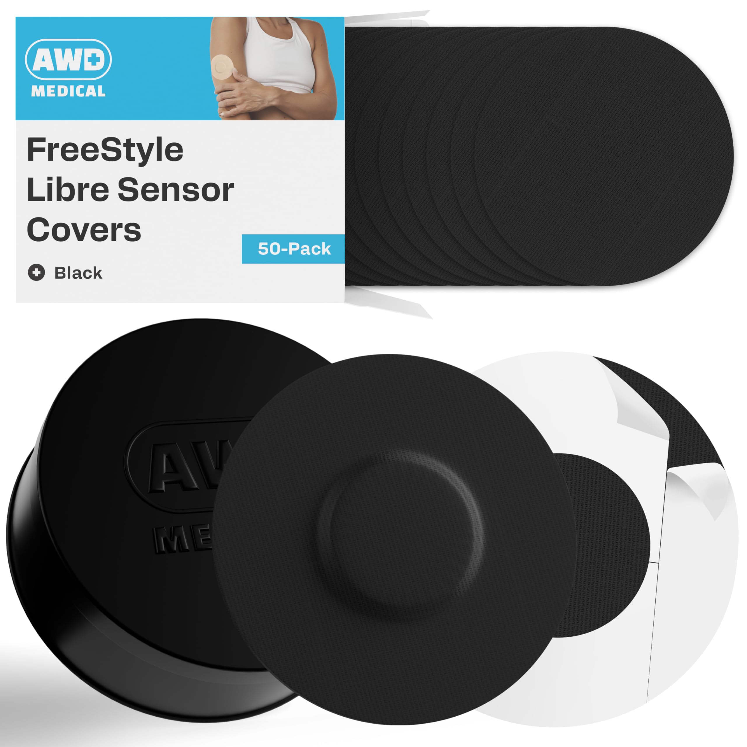 AWD Medical Freestyle Libre sensor cover pack on table for secure daily wear