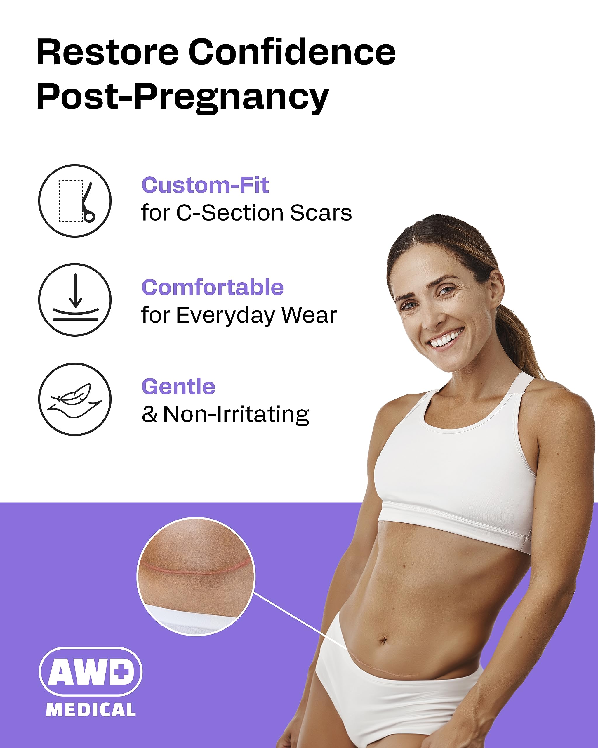 AWD Medical scar tape packaging closeup – shows roll and materials