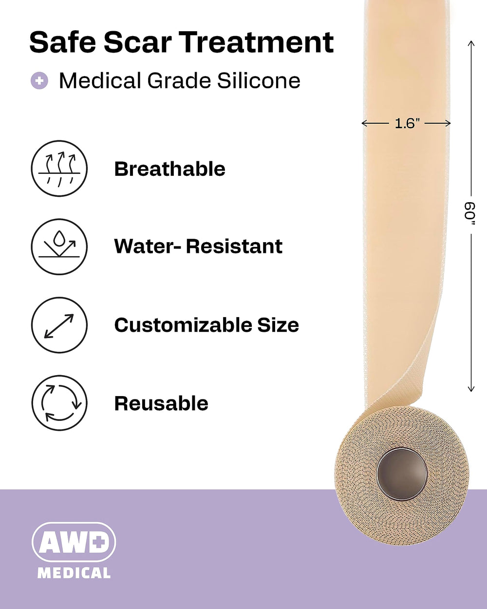 AWD Medical silicone scar tape roll 60in trusted for medical settings and use.