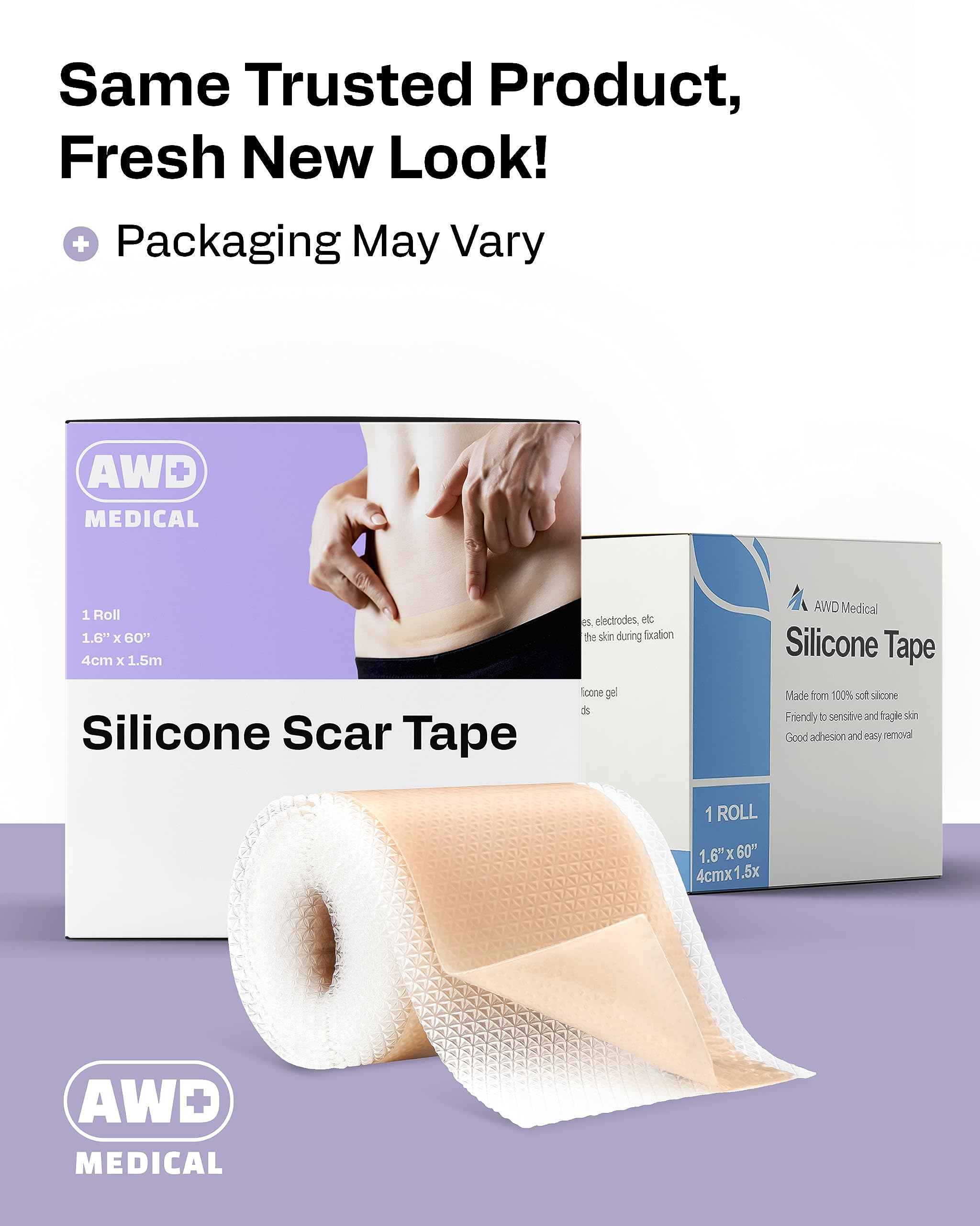 AWD Medical silicone scar tape roll 60in placed on C-section area for discreet wear.