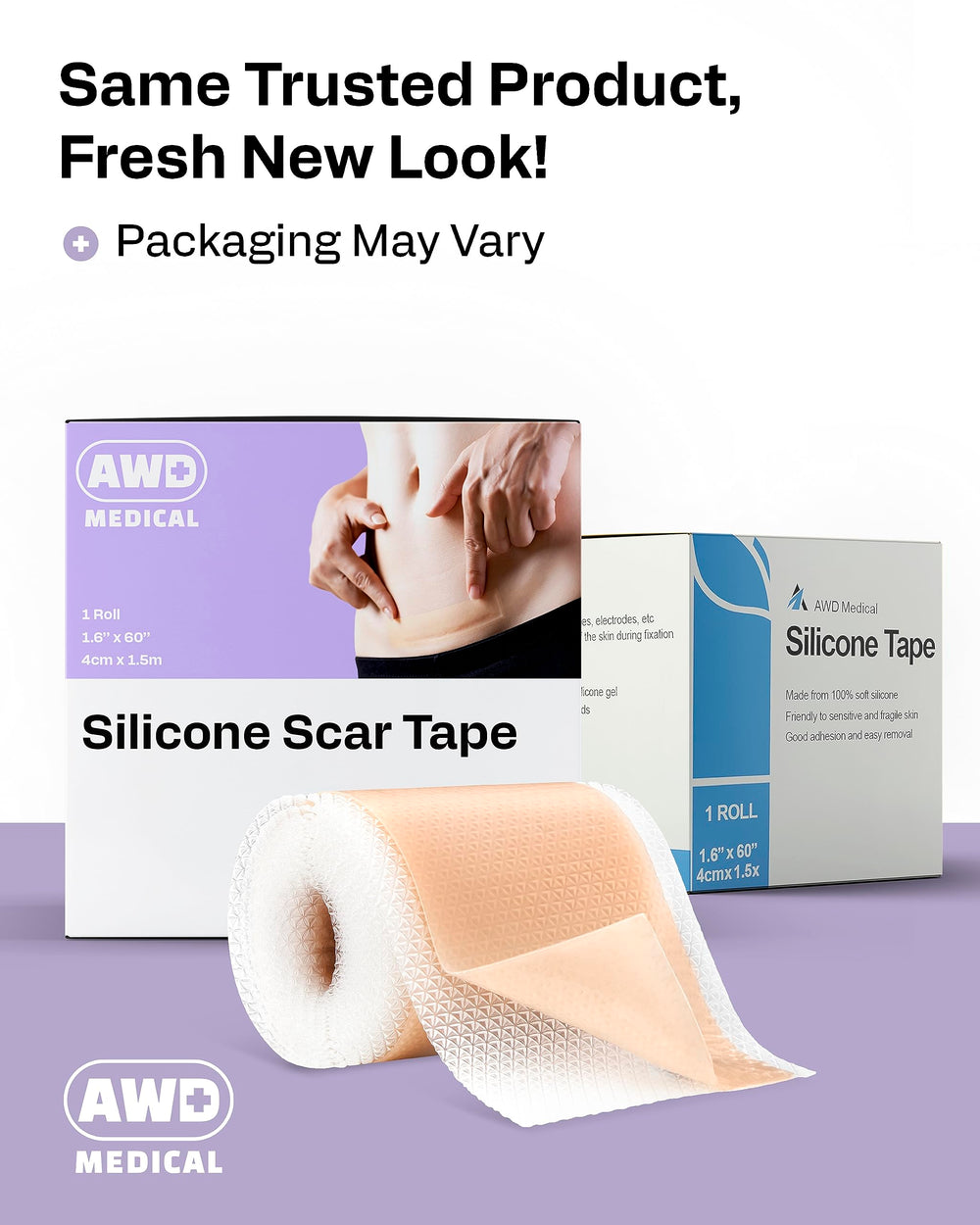 AWD Medical silicone scar tape roll 60in placed on C-section area for discreet wear.