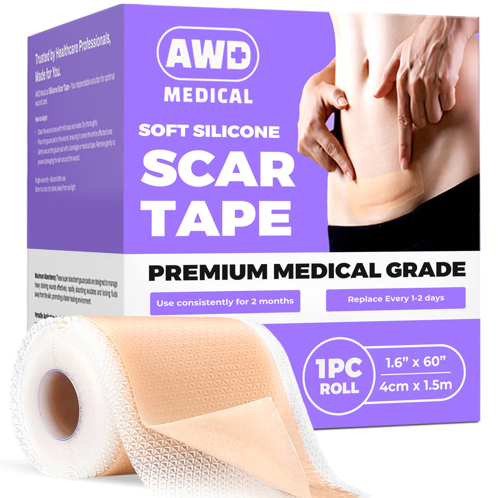 AWD Medical silicone scar tape roll 60in packaging, ready for use in scar care.