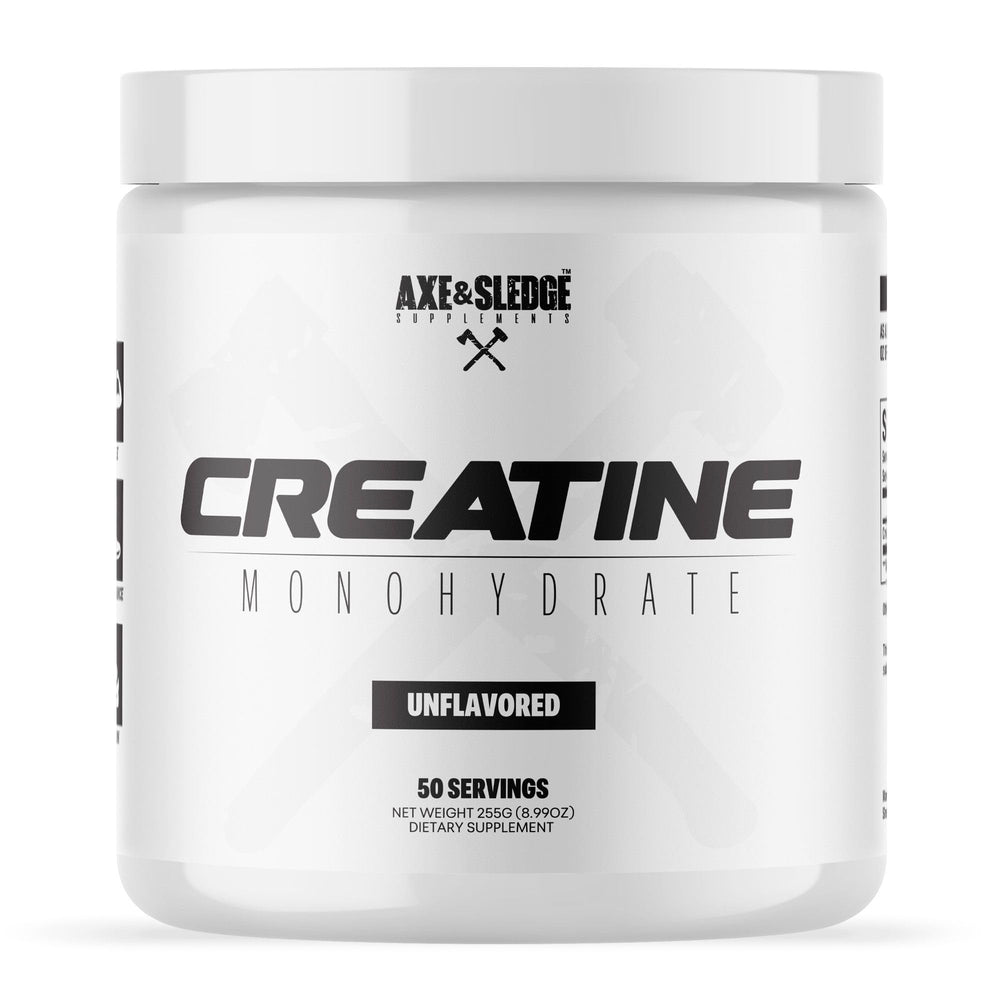 Axe & Sledge Basics Creatine bottle front shows pure, unflavored formula for strength support.