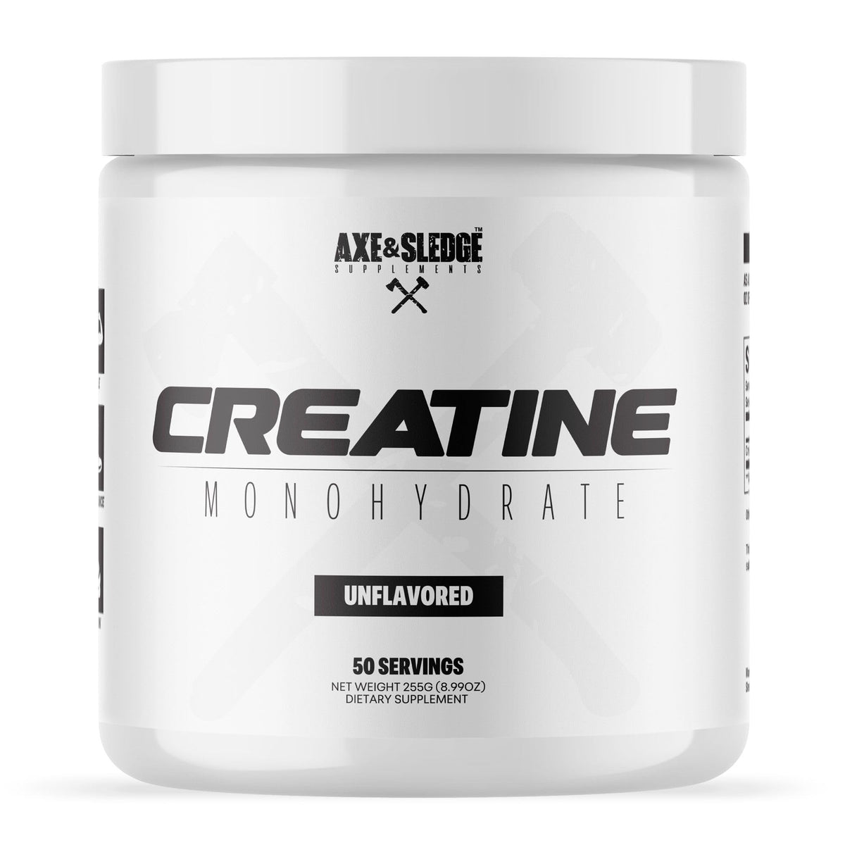Axe & Sledge Basics Creatine bottle front shows pure, unflavored formula for strength support.