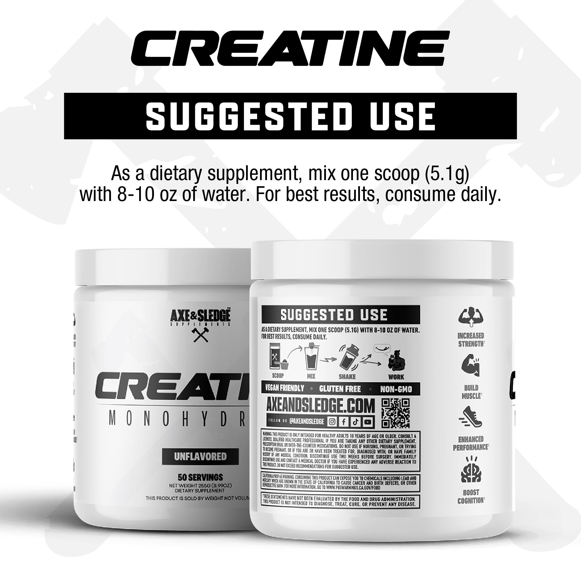 Axe & Sledge Basics Creatine jar side view emphasizes no fillers.