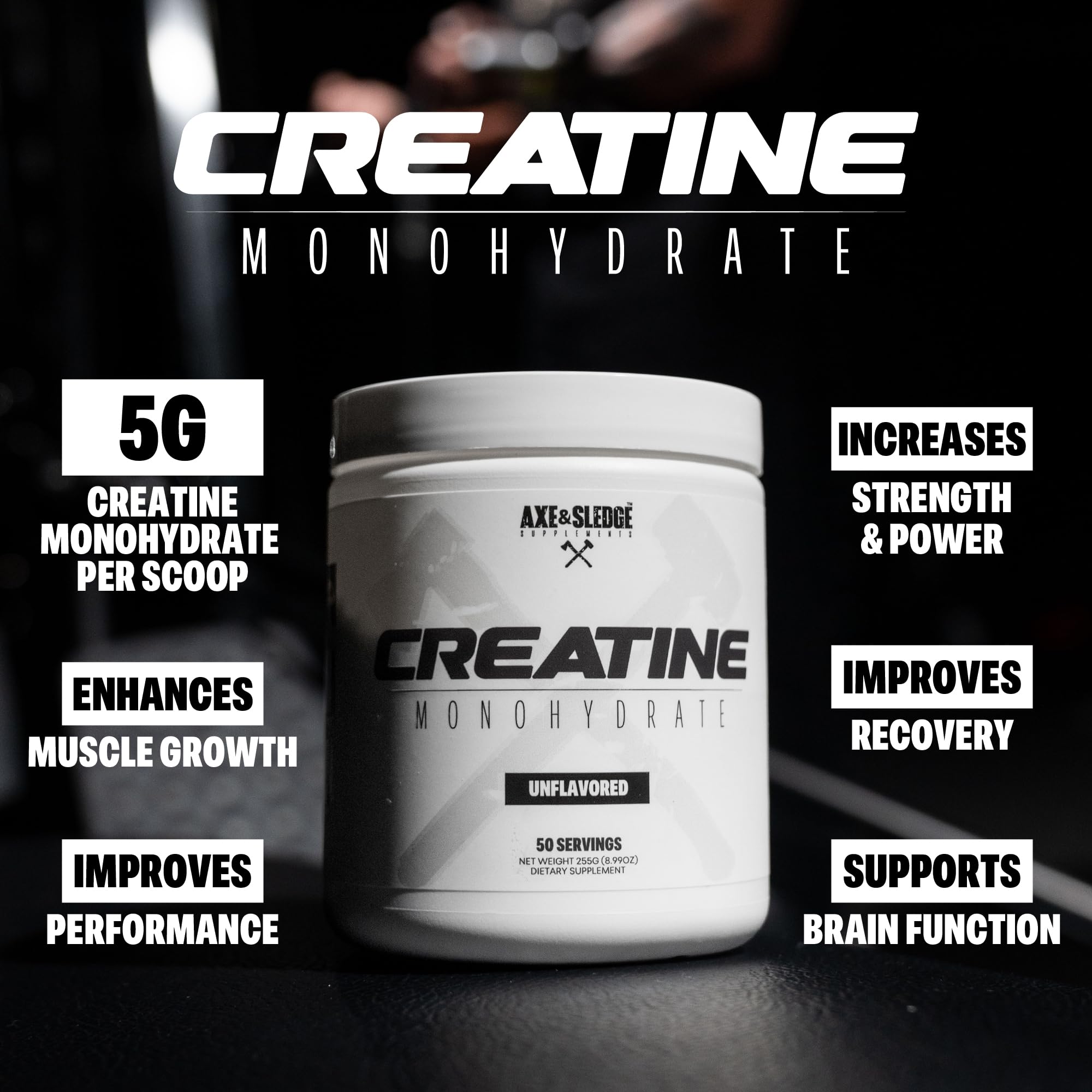 Label closeup of Axe & Sledge Basics Creatine highlights 50 servings and purity.
