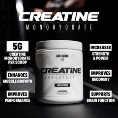 Label closeup of Axe & Sledge Basics Creatine highlights 50 servings and purity.