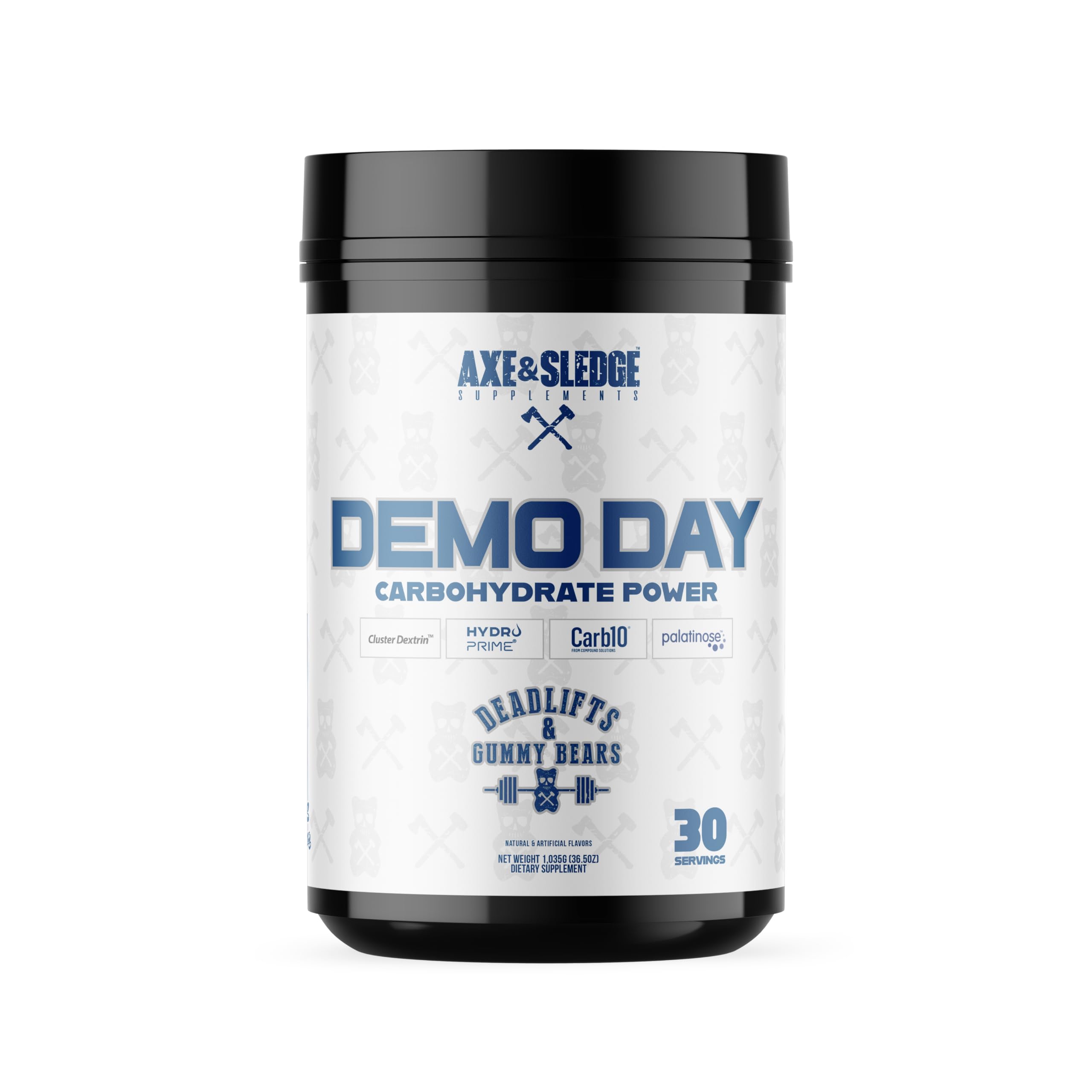 Close-up of Axe & Sledge Demo Day bottle highlighting steady energy from the carb blend