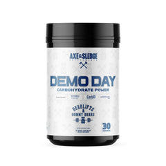 Close-up of Axe & Sledge Demo Day bottle highlighting steady energy from the carb blend