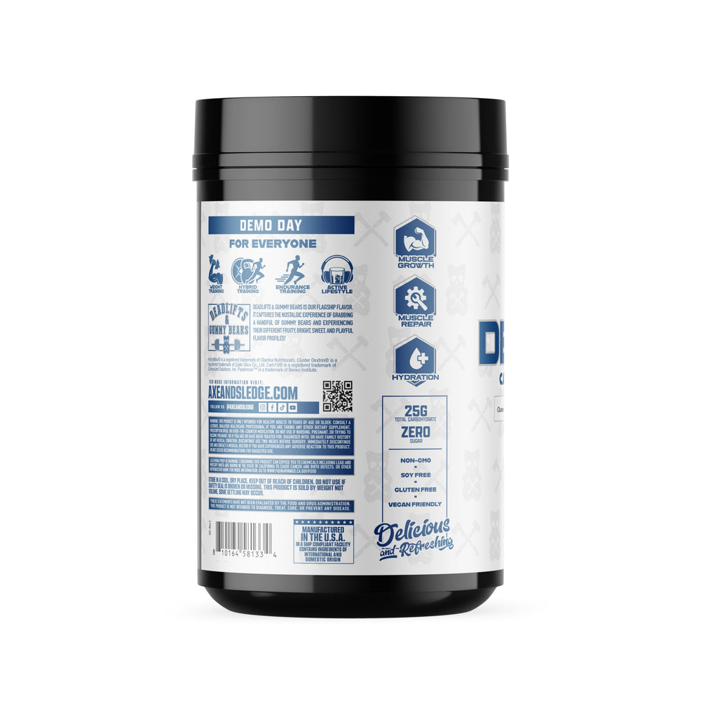 Axe & Sledge Demo Day powder tub label emphasizing low glycemic carbs for lasting performance