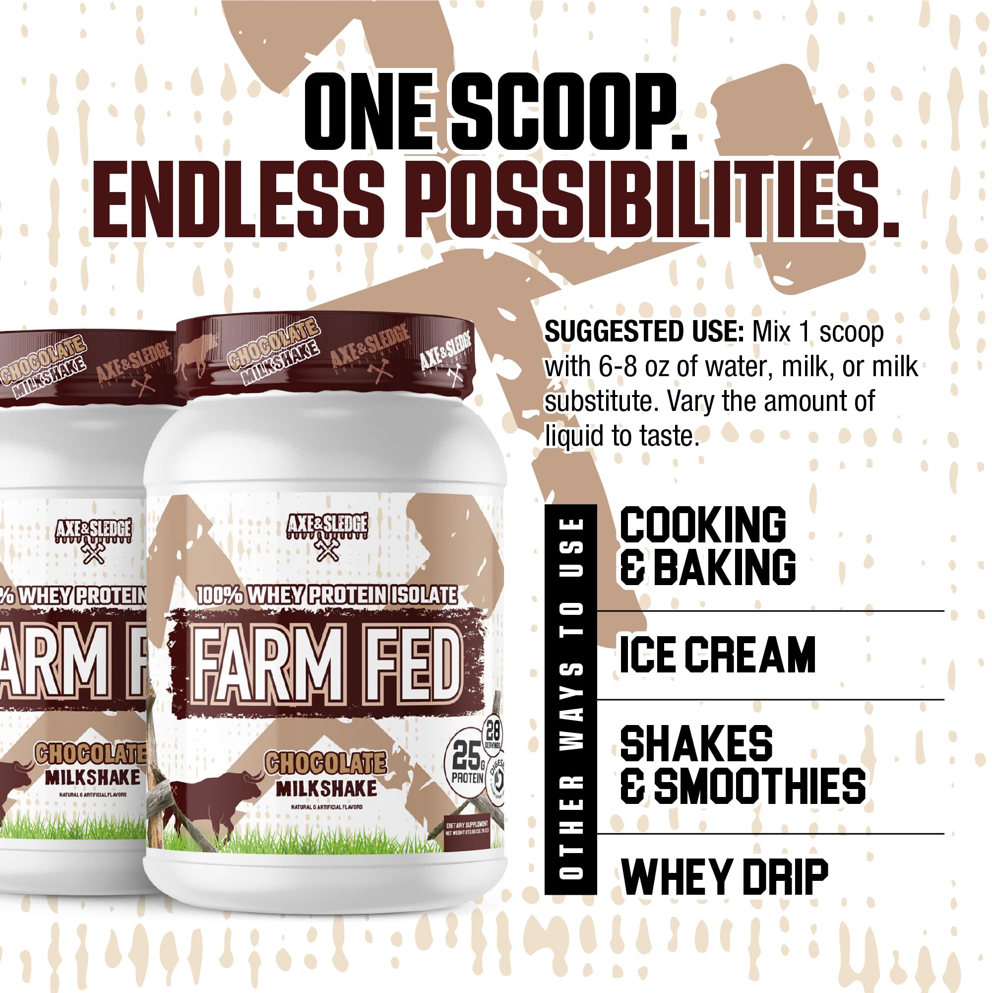Axe & Sledge Farm Fed chocolate milkshake powder ready to mix for a satisfying shake.