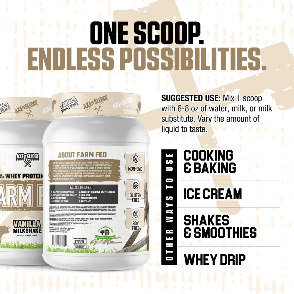 Protein shake glass shows creamy Farm Fed for quick post-workout fueling.