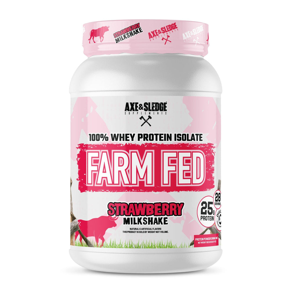 Axe & Sledge Farm Fed whey bottle with Strawberry Milkshake flavor for lean protein intake.