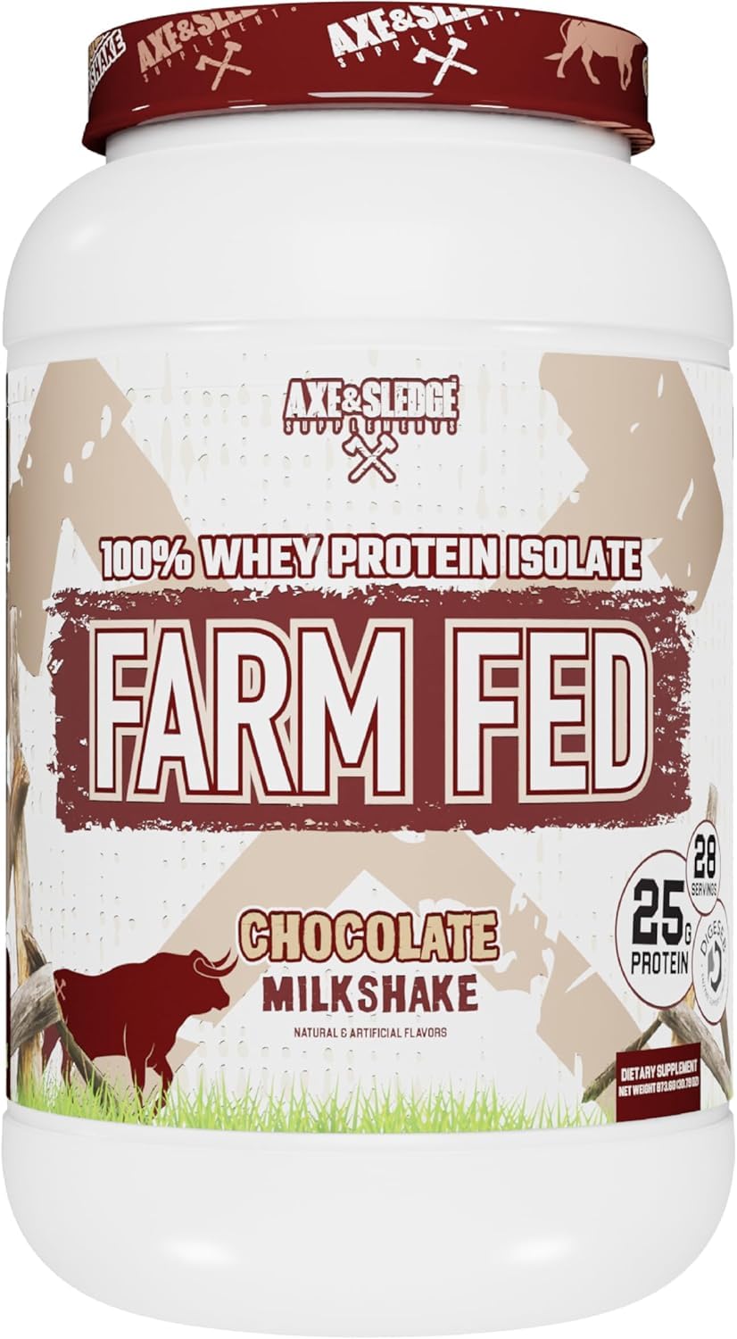 Axe & Sledge Farm Fed whey isolate bottle highlights pure protein for quick recovery.