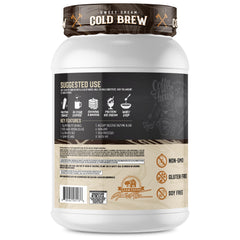 Axe & Sledge Farm Fed whey isolate scoop beside glass of creamy shake