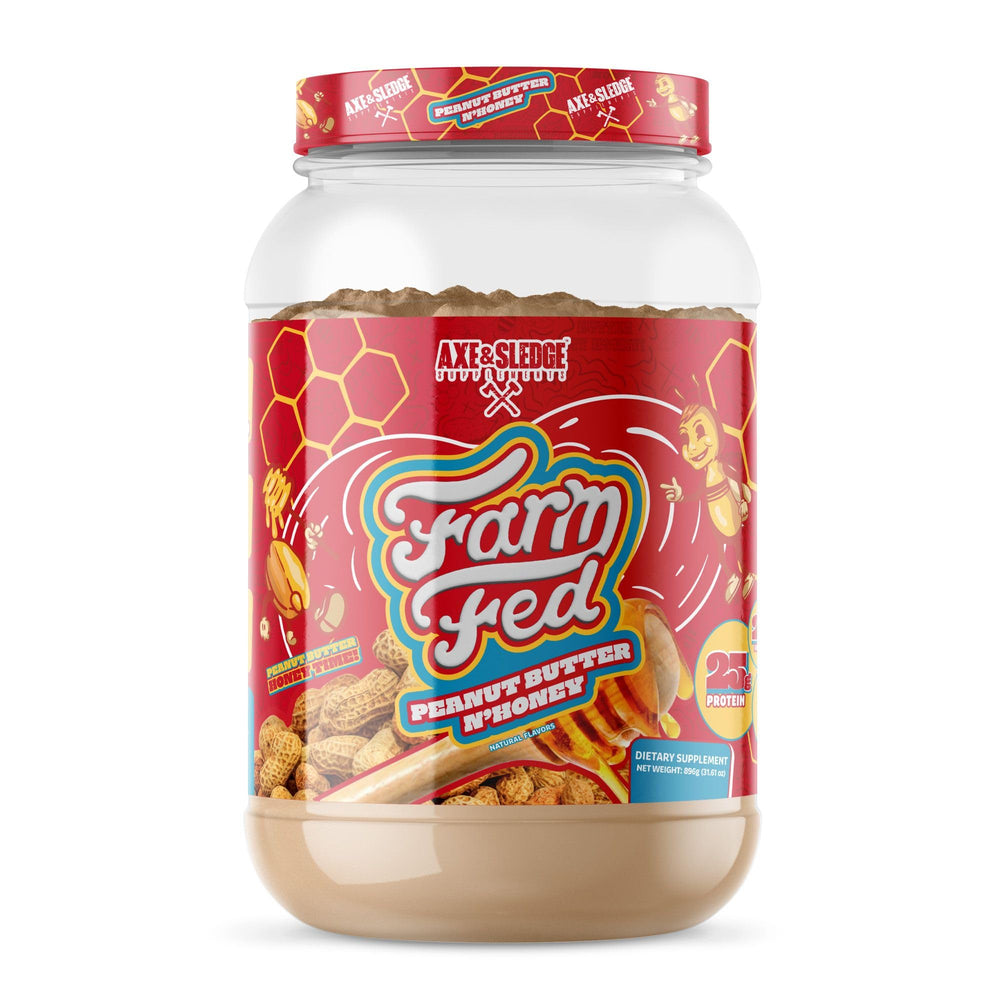 Axe & Sledge Farm Fed whey bottle in Peanut Butter N’ Honey flavor for on-the-go protein.
