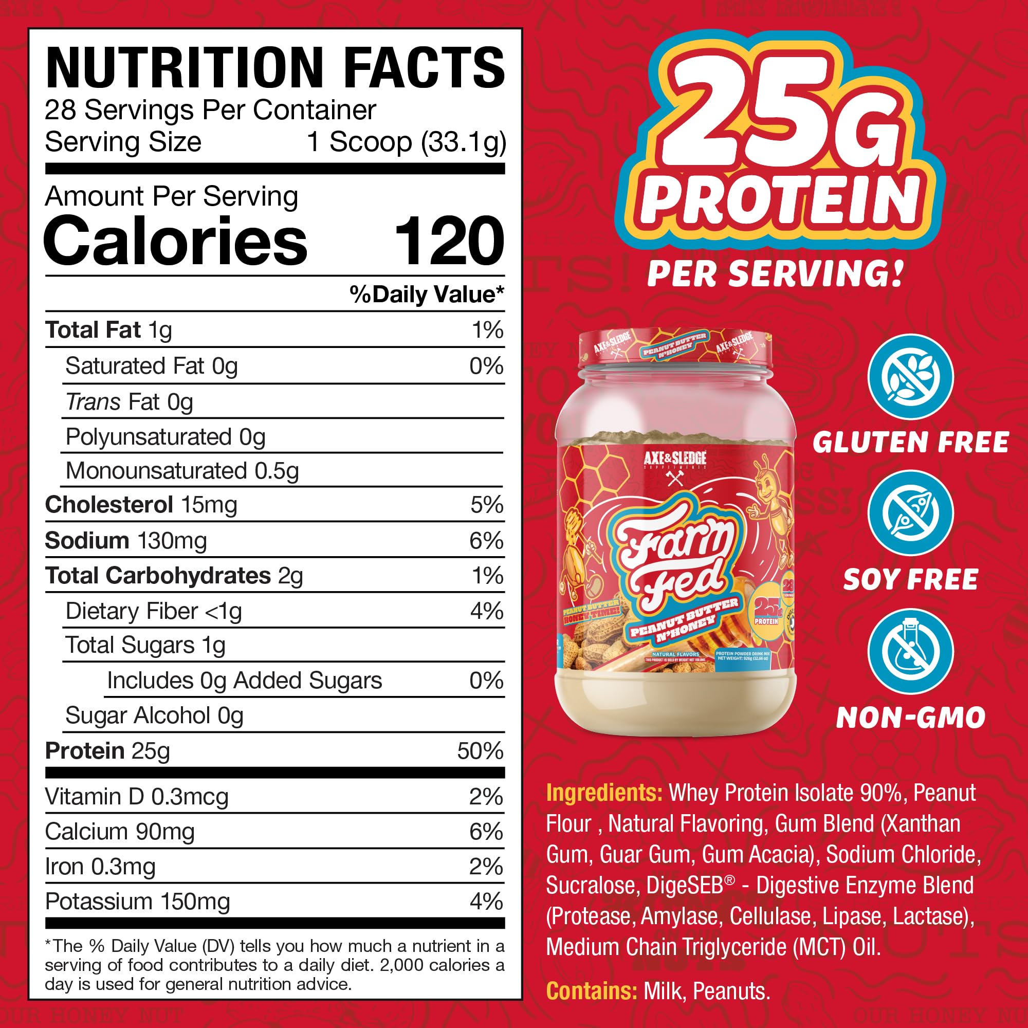 Pouring Farm Fed whey shows Peanut Butter N’ Honey flavor for quick protein intake.