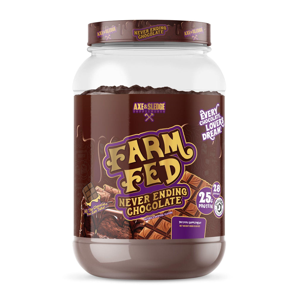 Axe & Sledge Farm Fed whey isolate bottle ready for post-workout recovery.