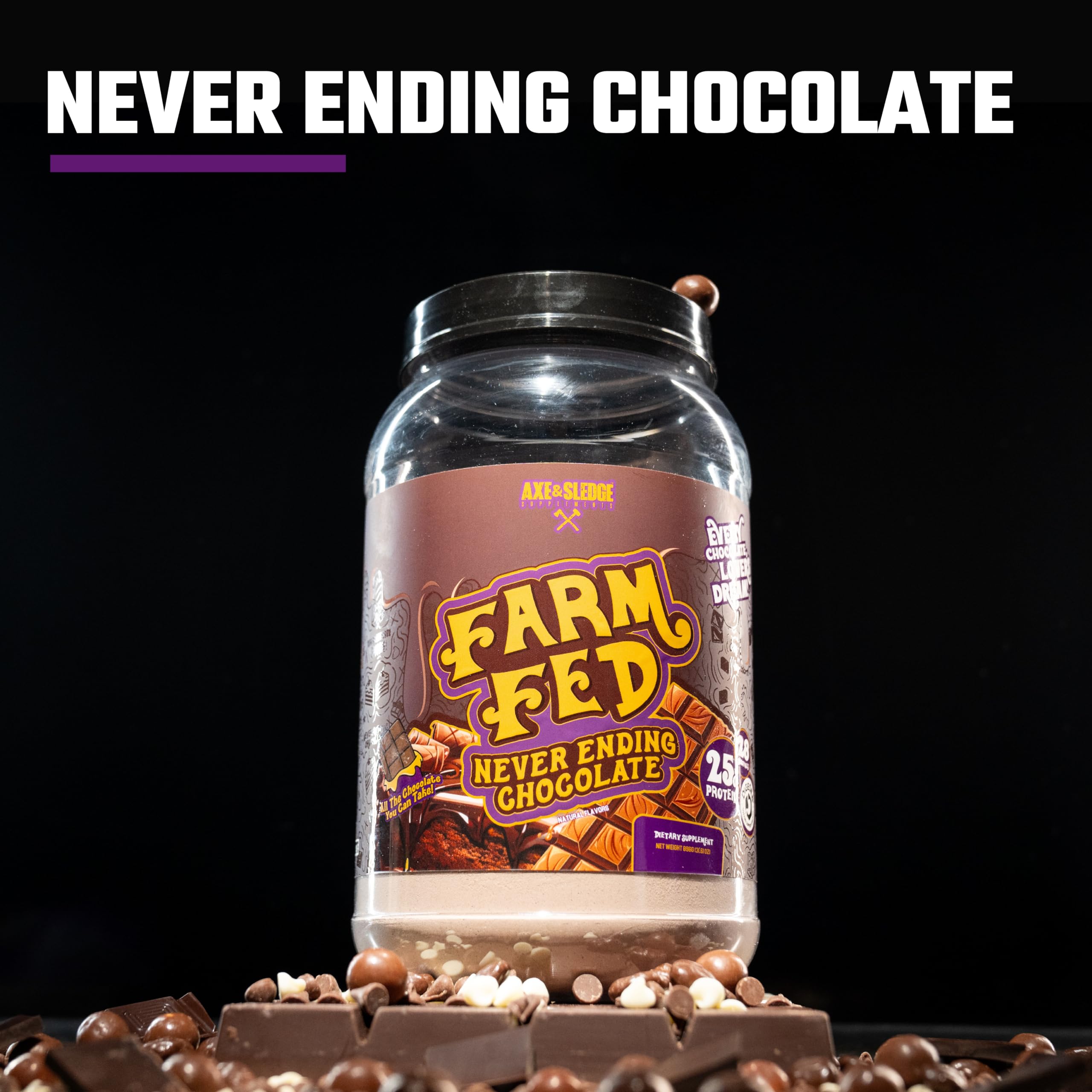 Close-up of Farm Fed label highlighting low carb and gluten-free formula.