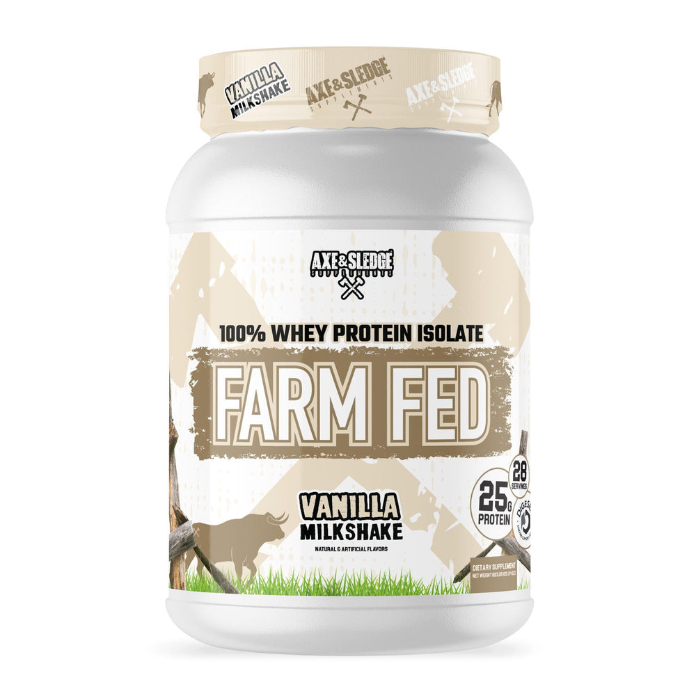 Axe & Sledge Farm Fed whey tub shows 25 g protein for muscle support.