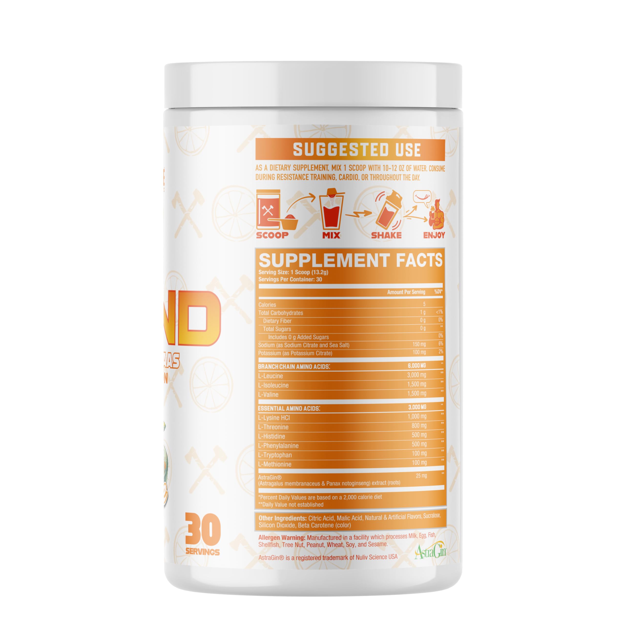 Axe & Sledge The Grind tub label highlights orange sherbet flavor for easy enjoyment.