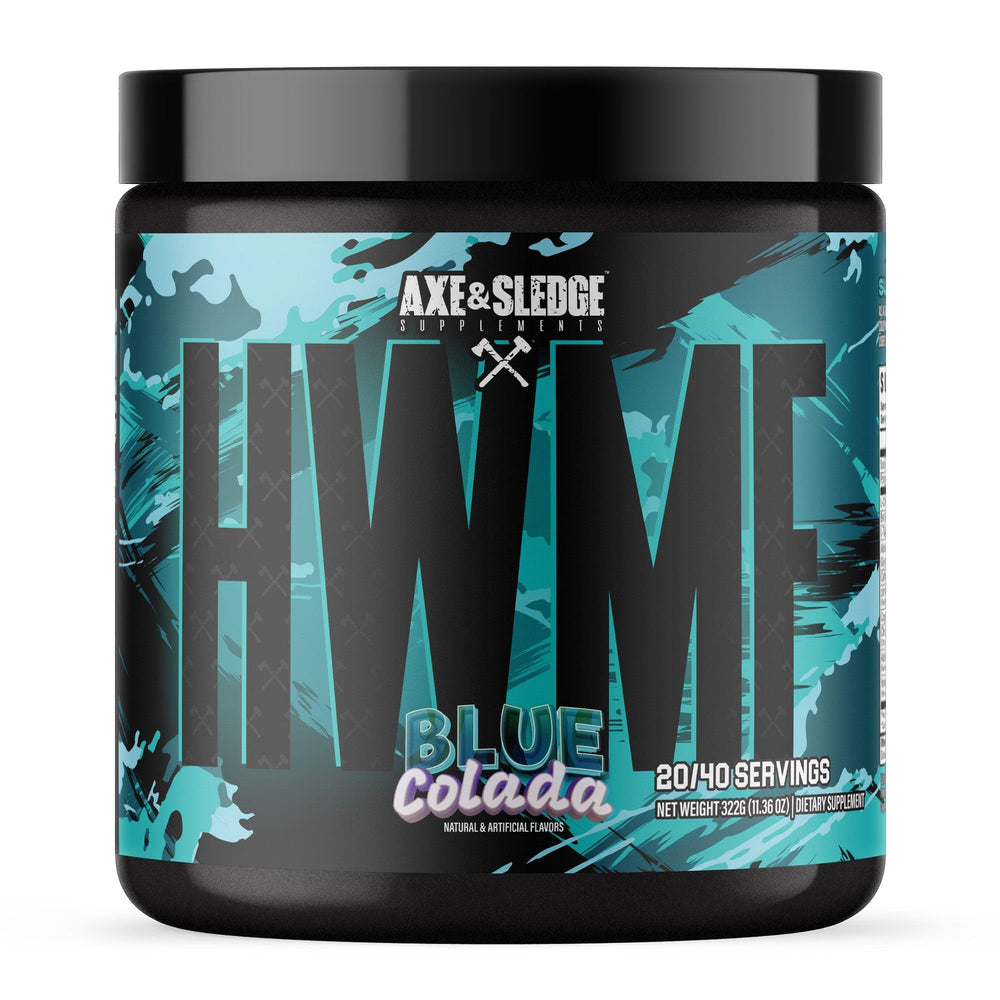 Axe & Sledge HWMF Blue Colada tub promoting bold energy for intense workouts.